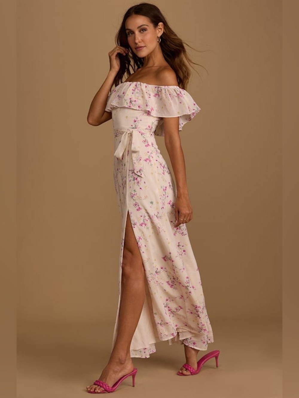 Lulu’s Amazing Moment Light Pink Floral Print Off-the-Shoulder Dress size Small